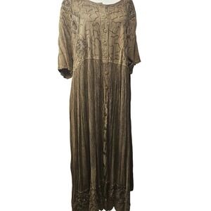 Style Women 3X Brown Rayon Embroidered Beaded Button Front Maxi Dress Boho India